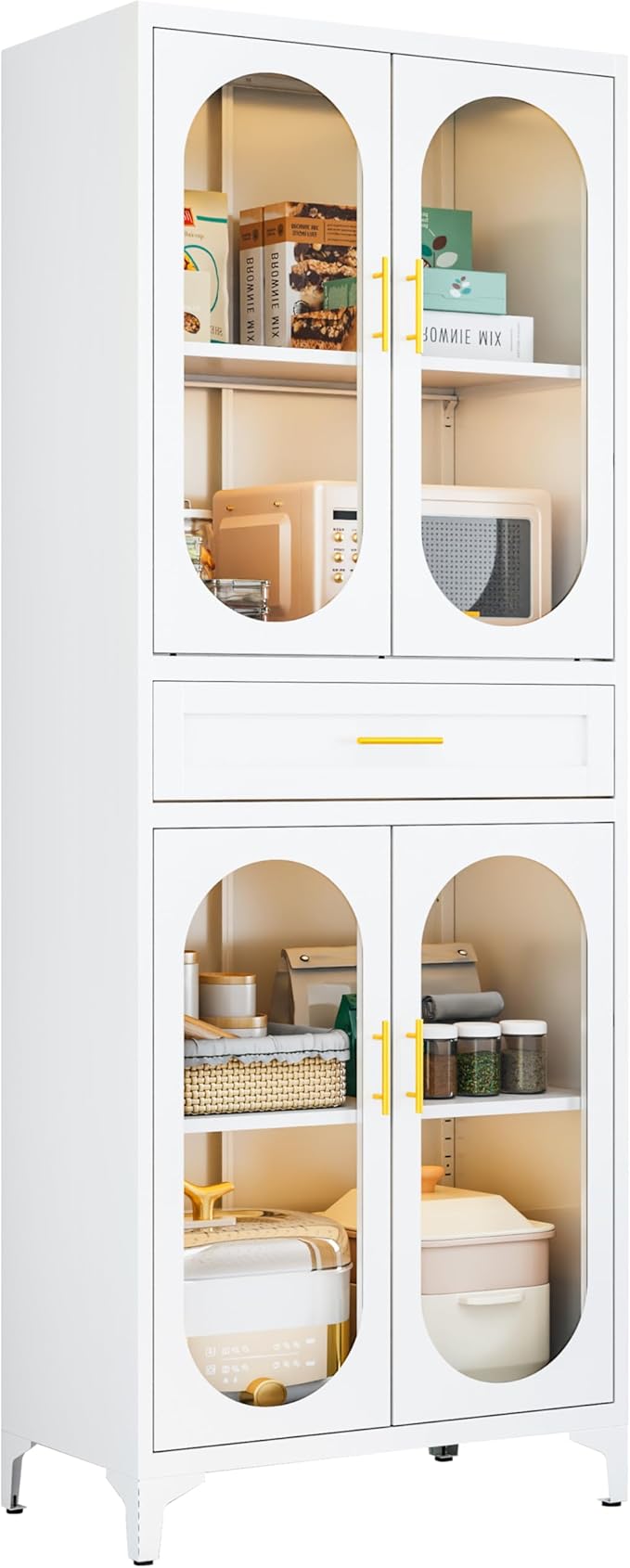 75” Tall Kitchen Pantry Storage Cabinet, Metal Storage Cabinet with 1 Drawer and Adjustable Shelves, Kitchen Pantry Cupboard, Freestanding Cupboard for Bathroom (White-4 Doors and 1 Drawer)-Ruum Studio Home