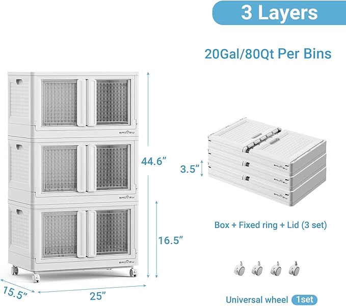300Qt Stackable Storage Bins with Lids, 75Gal Closet Organizers and Storage Drawer, Plastic Collapsible Storage Bins with Doors, Heavy Duty Store Box Cabinet for Home Kitchen, 3Pack White-Ruum Studio Home