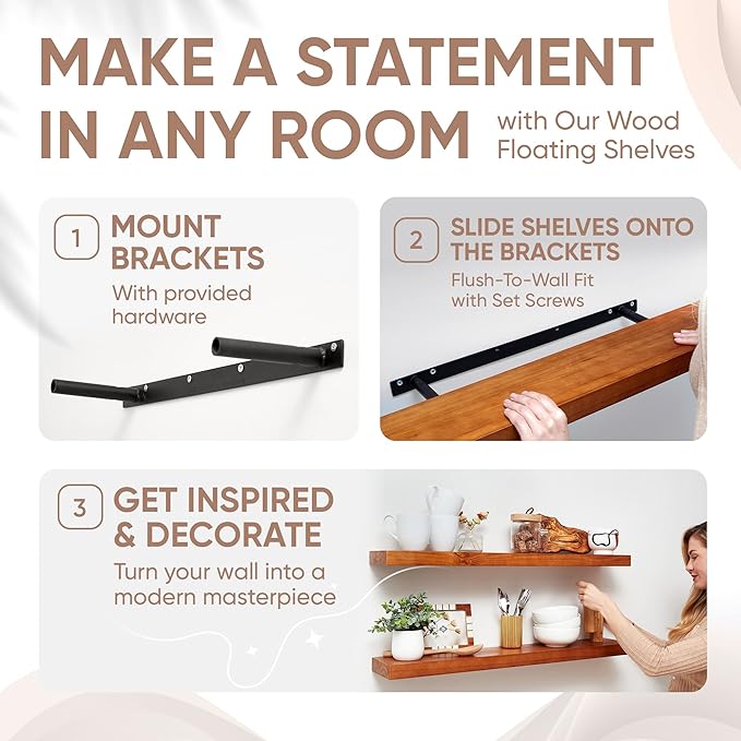 Homeforia Oak Floating Shelves 36 inches Long, High End Solid Real Wood 36 inch Floating Shelf for Room Wall, Honey Oak Wooden 36inch Kitchen Shelves, Heavy Duty Bracket, 36 X 6.5 X 1.75 in, Set of 2-Ruum Studio Home