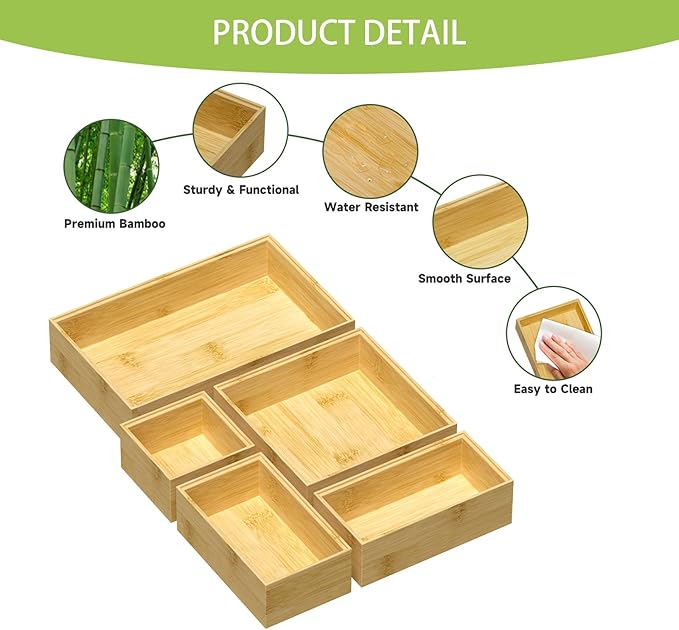 Bamboo Drawer Organizer Set, 5 PCS Multi-use Varied Sizes Junk Drawer Organizer Kitchen Storage Box for Office, Home, Bedroom, Bathroom, Bamboo-Ruum Studio Home