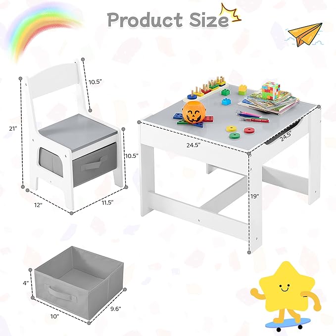 Kids Table and Chair Set, 3 in 1 Wooden Activity Table with Detachable Tabletop, Toddler Table and Chair Set with Storage Drawer, Kids Play Table for Children Art, Craft, Eating, Learning-Ruum Studio Home