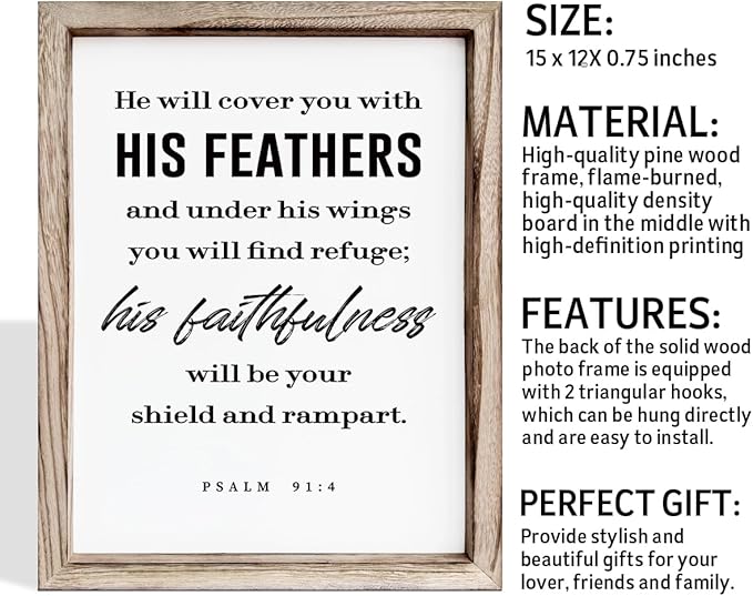 Christian Decor Signs, Framed Wall Plaque Sign 15 * 11.5 inches, Religious Home Decor, Inspirational Christian Gift for Him, He will Cover You with His Feathers Sign-Ruum Studio Home