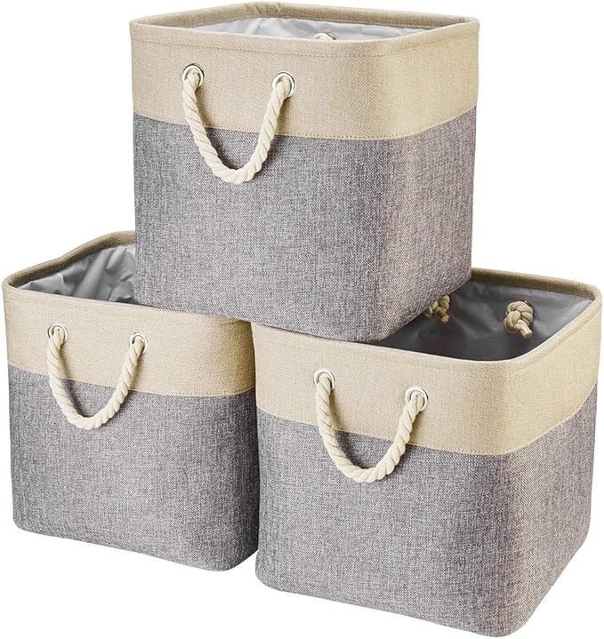 i BKGOO 3Pack Large Foldable Storage Bins，Collapsible Sturdy Cationic Fabric Organizing Storage Basket Cube with Cotton Handles for Home Office Shelf Clothes Toys Khaki-Grey 13×13×13 inch-Ruum Studio Home
