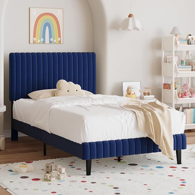 Twin Bed Frame, Velvet Upholstered Platform Bed with Vertical Channel Tufted Headboard and Footboard, No Box Spring Required, Easy Assembly, Blue-Ruum Studio Home
