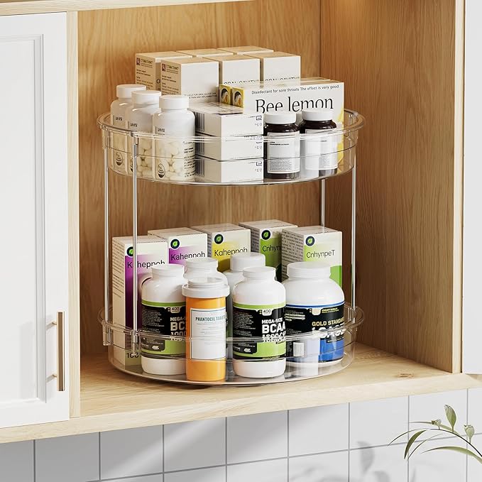 LAMU 2 Pack 2 Tier Lazy Susan Turntable Organizer 12inch Rotating Spice Rack Organization for Cabinet, Kitchen, Pantry, Countertop, Bathroom, Vanity, Medicine Cabinet Organizer, Clear-Ruum Studio Home