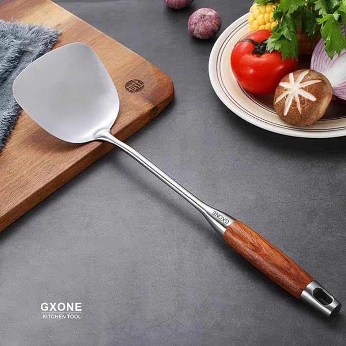 Chinese Wok Spatula, 304 Stainless Steel Spatula with Heat Resistant Wooden Handle Wok Utensils,Silver/15.7Inch-Ruum Studio Home