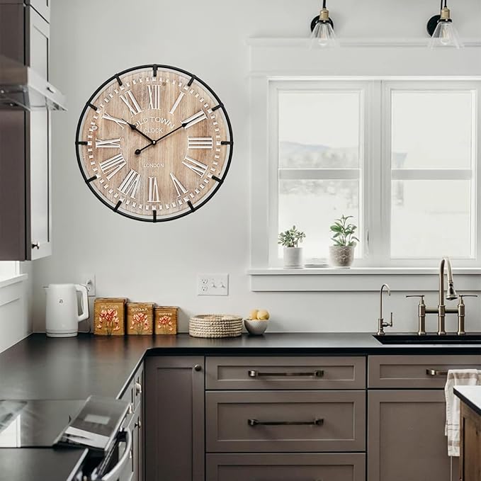 20 Inch Grand Farmhouse Wall Clock, Vintage-Inspired Wood & Metal Design with Large Etched Numbers, Silent Battery-Powered Timepiece for Offices, Kitchens, Bedrooms, and Living Rooms-Ruum Studio Home