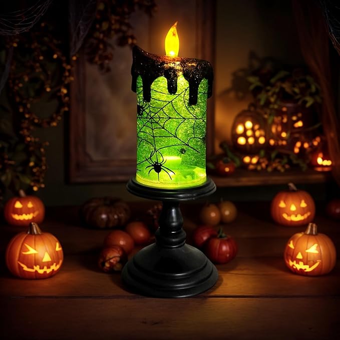 1.Halloween Snow Globe Tornado Flameless Candles Table Centerpiece for Celebration Party,Battery Operated LED Candle with 6 Hours Timer for Home Indoor Halloween Decoration (Spider)-Ruum Studio Home