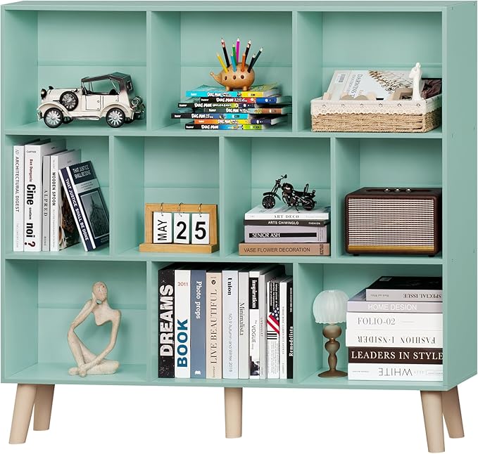 LEYAOYAO 10 Cube Bookshelf,3 Tier Modern Wide Bookcase with Legs,Mid-Century Wood Bookshelves Storage,Mint-Green Large Book Case,Freestanding Organizer Display Shelf for Bedroom,Living Room,Office-Ruum Studio Home