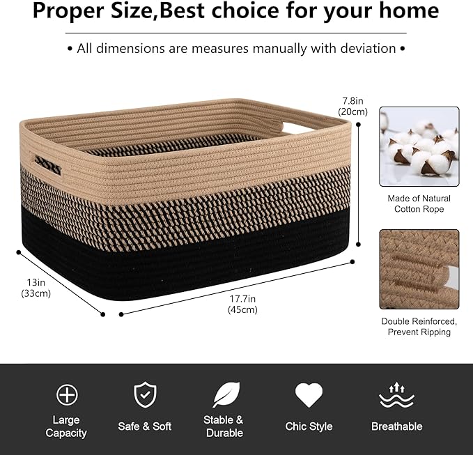 Large Storage Basket for Organizing, Woven Rope Basket for Shelves, Closet Organizer Bins for Clothes, Blanket, Toys, Baby Nursery Storage, 17.7" x 13" x 7.87", 2 Packs Black & Brown-Ruum Studio Home