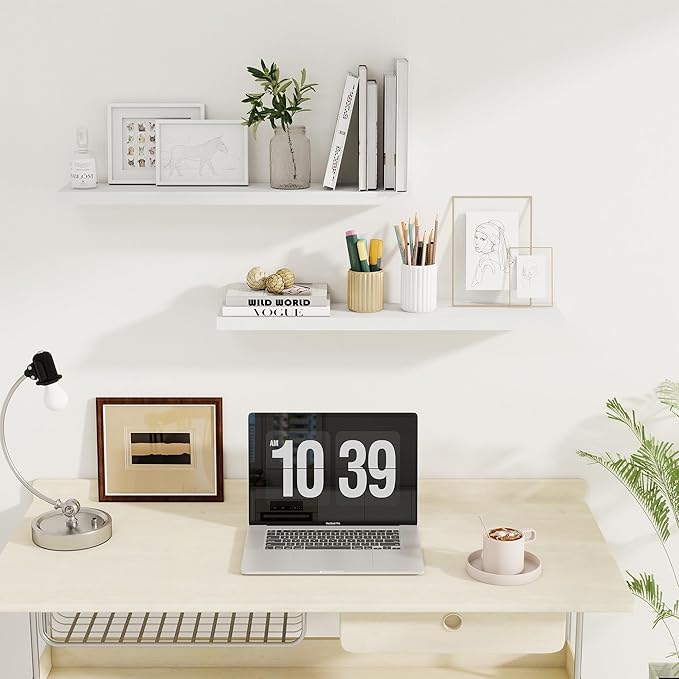 Fun Memories 32Inch Floating Shelves for Wall 2 Pack Wood Shelves for Kitchen, Bathroom, Bedroom Wall Mounted Rustic Wood Floating Shelf with Invisible Brackets for Books, Storage, Decor, White-Ruum Studio Home