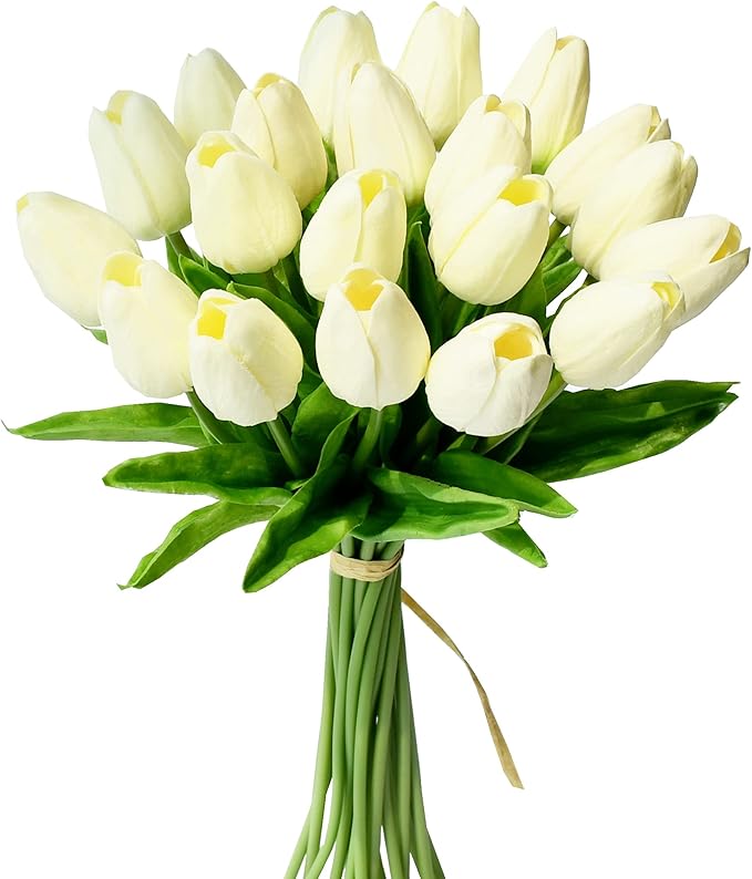Mandy's Artificial Tulips 20 Stems Cream PU Faux Flowers for Wedding Home Decor 13.5 Inch-Ruum Studio Home