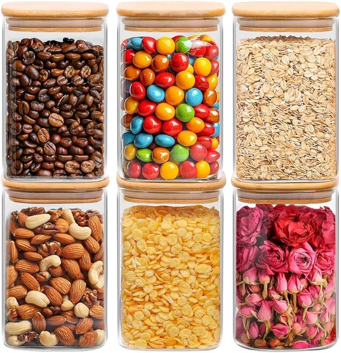 ComSaf 1.2 QT Glass Storage Containers with Lids, Glass Jars with Lids, Clear Food Jar, Square Canister Set of 6, Pantry Organizers and Storage for Cookie Flour Oat Pasta Tea Coffee Bean-Ruum Studio Home