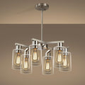 6-Light Modern Farmhouse Brushed Nickel Chandelier, Dining Room Light Fixture Over Table Adjustable Height Hanging Industrial Pendant Lights Kitchen Island, Clear Glass Shade-Ruum Studio Home