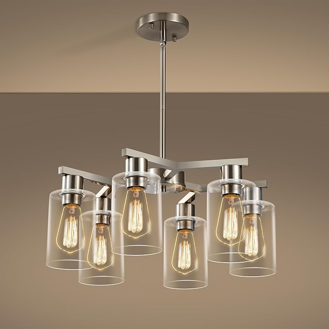 6-Light Modern Farmhouse Brushed Nickel Chandelier, Dining Room Light Fixture Over Table Adjustable Height Hanging Industrial Pendant Lights Kitchen Island, Clear Glass Shade-Ruum Studio Home