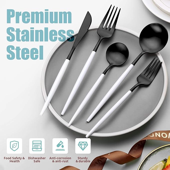 Matte Black White Silverware Set for 6,Modern Stainless Steel Brushed Cutlery Set,30-Pieces Heavy Duty Flatware Set,Knives Spoons and Forks Set Utensils Set, Satin Finish, Dishwasher Safe-Ruum Studio Home