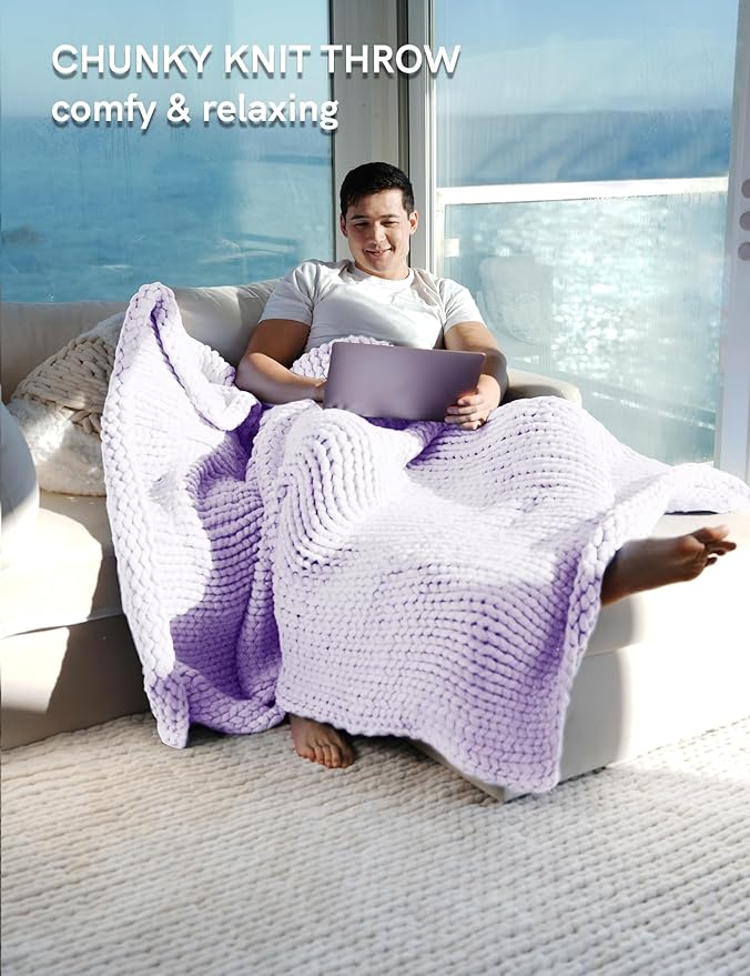 YnM Chunky Throw Blanket, Medium-Weight, Hand Knitted, Skin Friendly, Ventilated and Breathable, Machine Washable, Home Décor Piece for Couch, Sofa and Bed (Iris Lavender, 80x87 Inch)-Ruum Studio Home