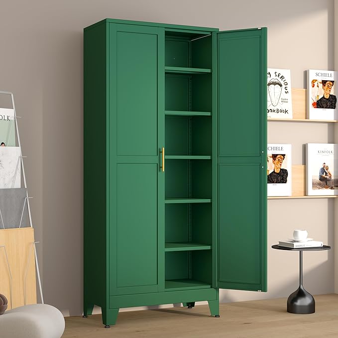 Metal Pantry Cabinet with 2 Doors and 5 Adjustable Shelves, 75" Kitchen Storage Cabinet with Gold Handles, Versatile Storage for Laundry, Living, Bathroom, Dining, Utility Room - Green-Ruum Studio Home