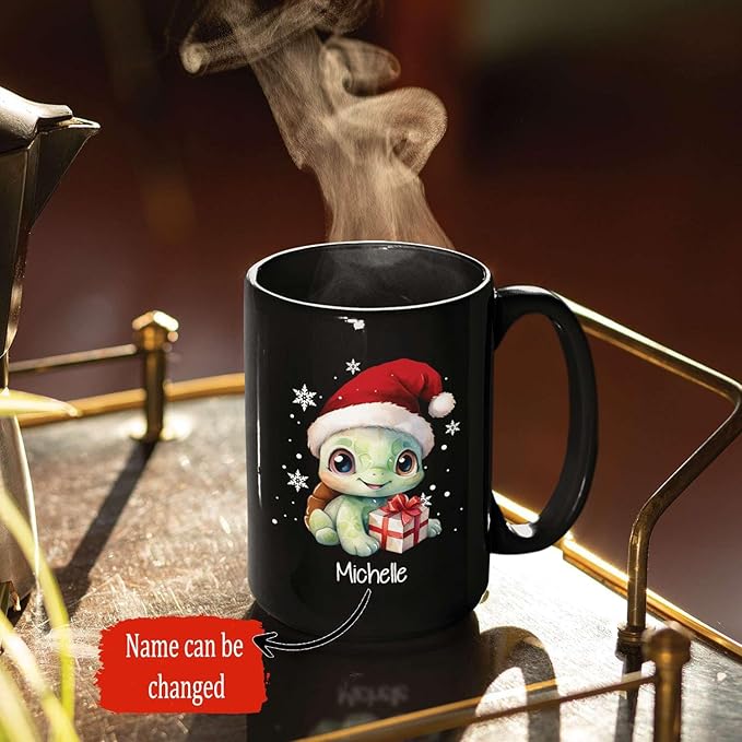 Coffee Mug With Xmas Turtle Design, Personalized Turtle Wearing Santa Hat Cup, Cute Baby Animal Black Mug 11oz 15oz, Custom Christmas Ceramic Cup, Customized Christmas Animal Mug Gift-Ruum Studio Home
