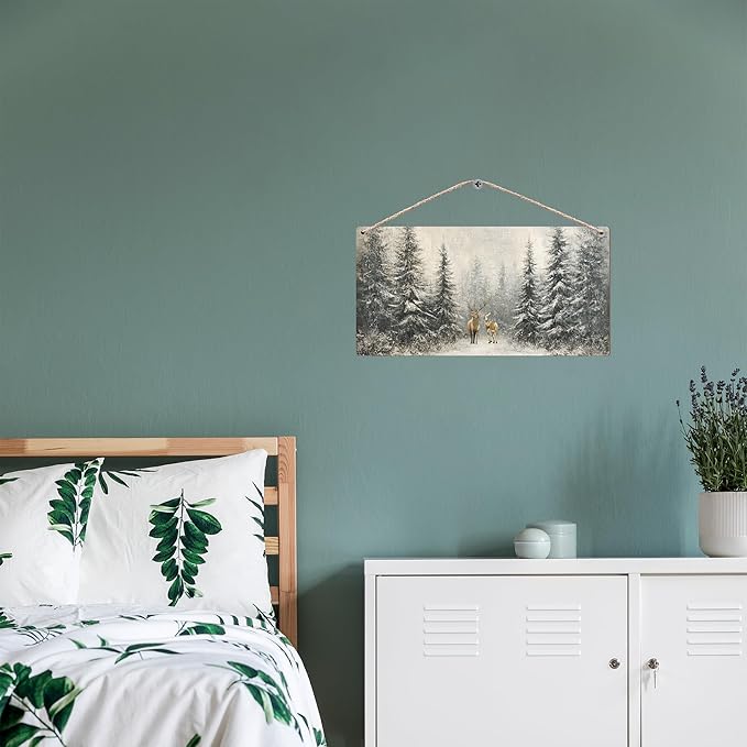 Winter Pine Tree Deer Wooden Sign, 12x6 inches, Rustic Wall Decor for Home, Office or Gifting-Ruum Studio Home