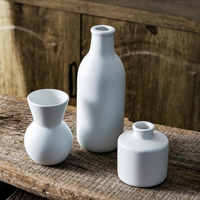 Fake Flowers in Vase for Centerpieces, Faux Flowers in Modern Ceramic Vase Set of 3 with 8 Artificial Autumn Chrysanthemums Home Decor-Ruum Studio Home