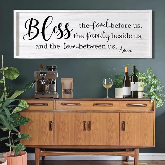 Bless the Food Before Us, the Family Beside Us, and the Love between us Framed Wall Art for Dining Room, 40''×15'' Holy Positive Religious Rustic Bible Verse for Christian God Jesus Christ Prayer-Ruum Studio Home
