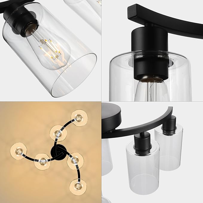 6-Light Modern Farmhouse Black Chandelier, Contemporary Dining Room Light Fixture, Adjustable Height Hanging Industrial Pendant Lights Kitchen Island, Clear Glass Shade-Ruum Studio Home