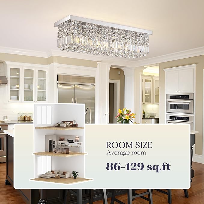 Rectangular Chandelier, Flush Mount Rectangle Chandelier Modern K9 Crystal Chandeliers Light Fixture, 6-Lights Raindrop Crystal Pendant Ceiling Light for Dining Room Bedroom Bar Club L31.5 Inch-Ruum Studio Home