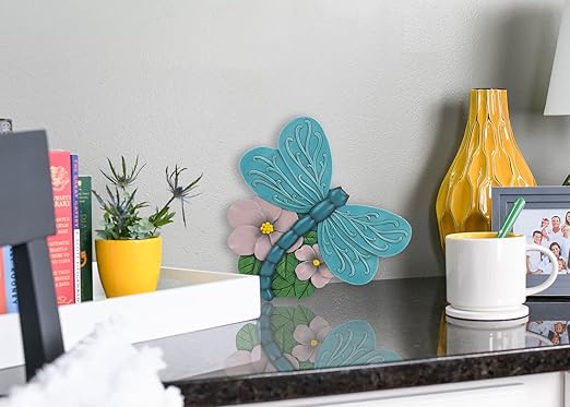 NAT & Jules Animal Character Shaped Dimensional Indoor Outdoor 11 inch Cast Resin Decorative Garden Stepping Stone, Patio, Walkway Sculpture Yard Art, Teal Blue Dragonfly-Ruum Studio Home