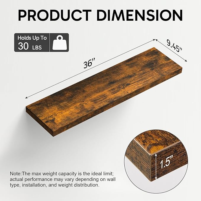 BAYKA Floating Shelves for Wall, 36 inches Long Wall Mounted Rustic Wood Shelves for Bathroom, Bedroom, Living Room, Kitchen, Office, Hanging Shelf for Books/Storage/Decor(Brown,Set of 2)-Ruum Studio Home