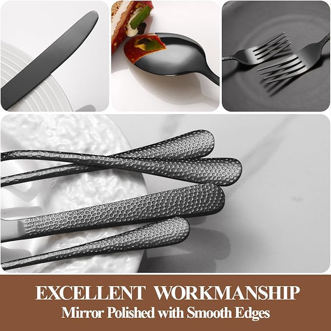 20 Pcs Black Silverware Set for 4 with Hammered Design, Food Grade Stainless Steel Flatware Set, Eating Utensils Sets Include Fork/Knife/Spoon, Cutlery Set, Dishwasher Safe-Ruum Studio Home