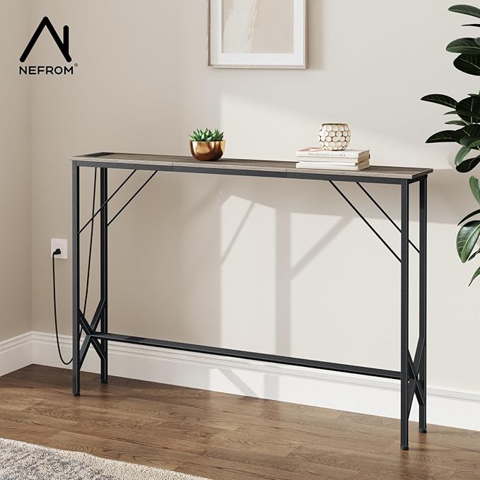 47.2'' Console Table, Skinny Entryway Table with Fast-Charging Station, Narrow Long Sofa Table, Behind Slim Couch Table for Entrance, Hallway, Living Room Decor ST-GY120-1-Ruum Studio Home