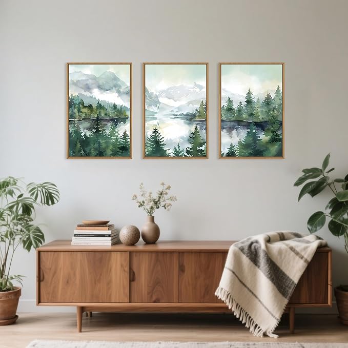 Watercolor Mountain Framed Canvas Wall Art Set, Boho Forest Wall Decor, Nature Green Pines Wall Painting, Forest Wilderness Artwork for Living Room, Bedroom, Dining Room, Office - 16"x24"x3-Ruum Studio Home