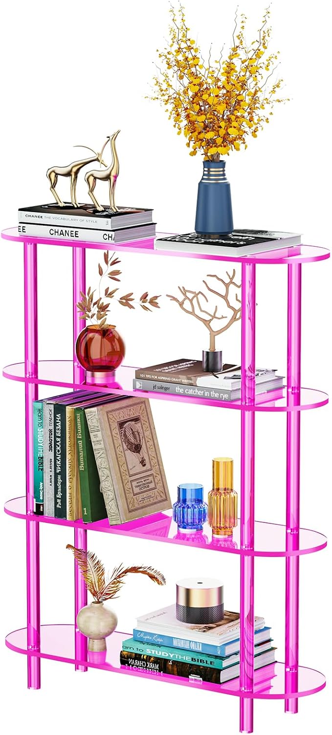Clear Bookshelf, Acrylic Bookcase with Open Book Shelf Console Table for Entryway Office (4 Tier Pink)-Ruum Studio Home