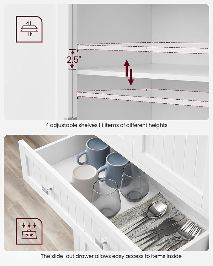 VASAGLE Pantry Cabinet, 71.7-Inch High Freestanding Tall Cupboard Storage Cabinet with a Drawer, 2 Cabinets, 4 Adjustable Shelves, 6 Door Shelves, for Living Room, Kitchen, White UBBC561P31V2-Ruum Studio Home