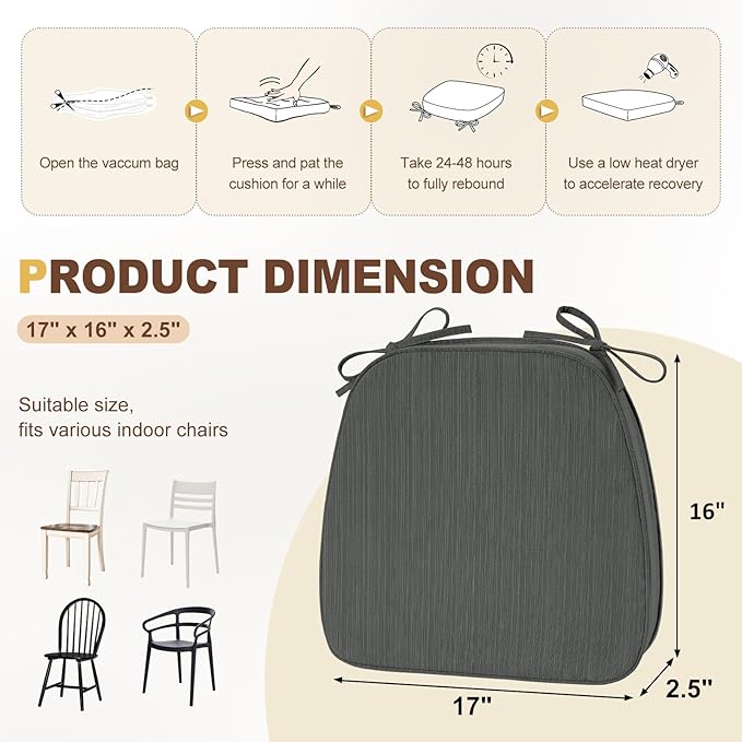 downluxe Chair Cushions for Dining Chairs, Waterproof Kitchen Chair Pads, Non-Slip Dining Seat Cushion with Ties, 17" x 16" x 2.5", Dark Grey, 4 Pack-Ruum Studio Home