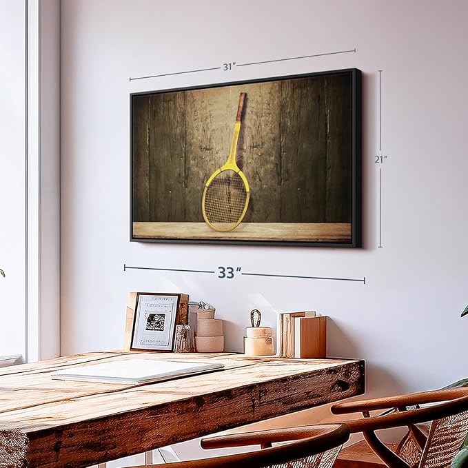 ElephantStock Vintage Tennis Racket Wall Art - Horizontal Framed Canvas - 1-Piece Living Room Wall Decor - Photography Sports Canvas Print - Brown and Black Decor for Wall - 31" X 21"-Ruum Studio Home