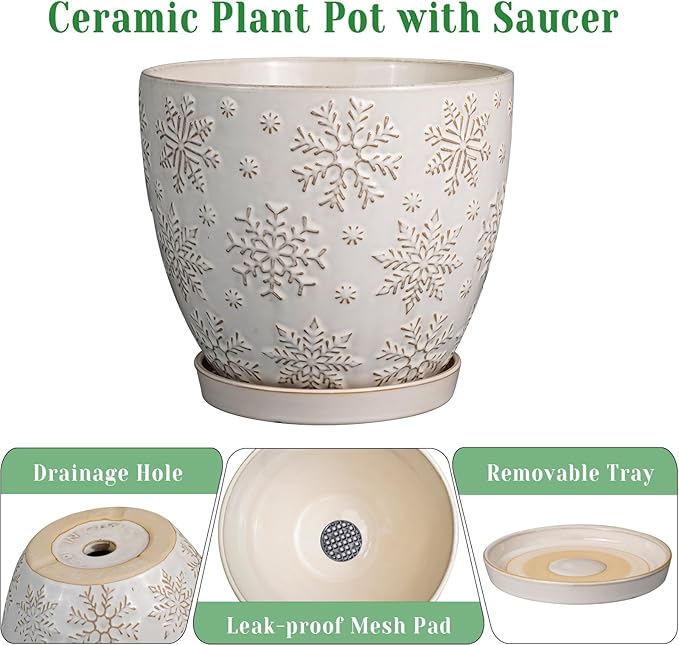 10 Inch Ceramic Planter Pot Large Plant Pot for Indoor Plants Outdoor Round Flower Pot with Drainage Hole and Saucer for Home Garden Decor White-Ruum Studio Home