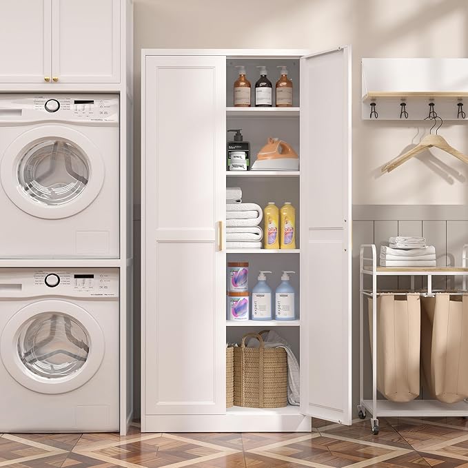 Kitchen Pantry Cabinet,71”White Metal Pantry Storage Cabinet with Doors and 4 Adjustable Shelves,Kitchen Cabinet with 2 Gold Handles,Tall Cabinet for Livingroom,Pantry, Bathroom,Kitchen-Ruum Studio Home