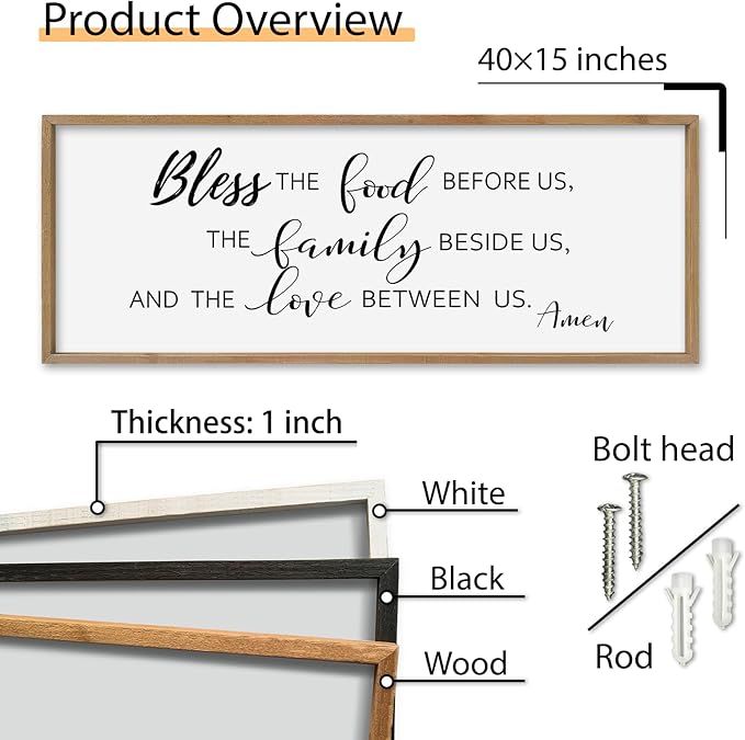 SRSZHIYUE Bless the Food Before Us Wall Sign Decor 40"×15" Christian Bible Verse for Farmhouse Rustic Kitchen Dining Room Framed Wood Scripture Religious Jesus Prayer Wall Art (Wood)-Ruum Studio Home