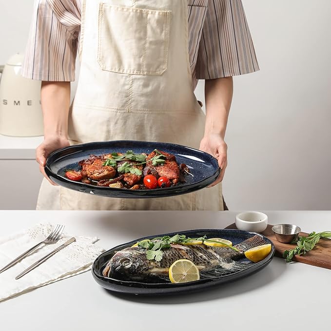 vicrays Serving Platter Ceramic Tray Plates Extra Large Oval 14.5 Inch Porcelain Dinner Plates Long Serving Dish Set Entertaining Party Restaurant Food Meat Sushi Fish Turkey Platter-Ruum Studio Home
