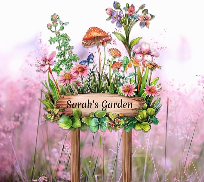 Personalized Mushroom Metal Sign with Stake,Custom Gardener Last Name Signs Outdoor Decoration,Customized Flowers Garden Accessories Decor for Grandma,Butterfly Plaques for Patio Lawn Porch Backyard-Ruum Studio Home