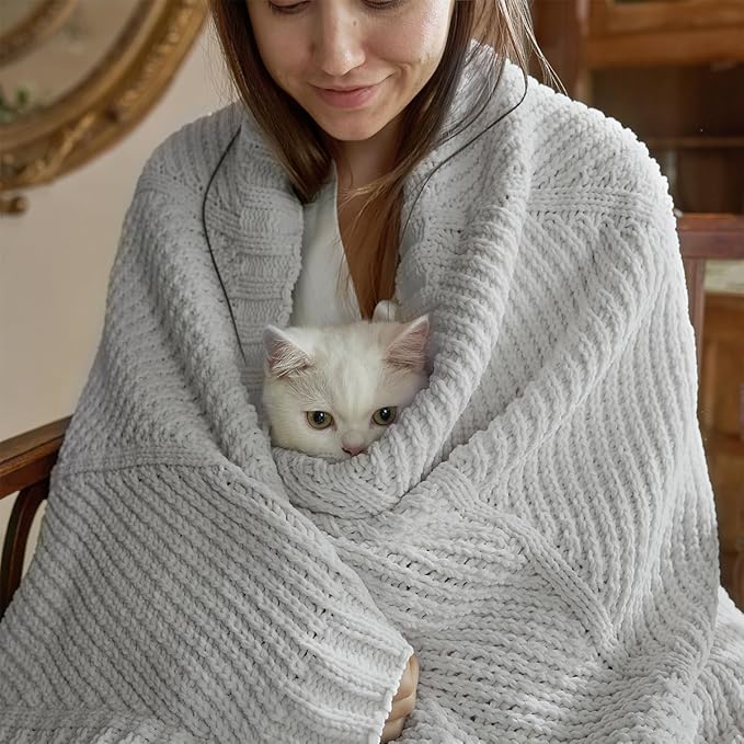 Amélie Home Chenille Knit Throw Blanket for Couch, Chevron Texture Decorative Soft Blanket for Sofa, Bed & Chair, 50"x60", Light Grey-Ruum Studio Home