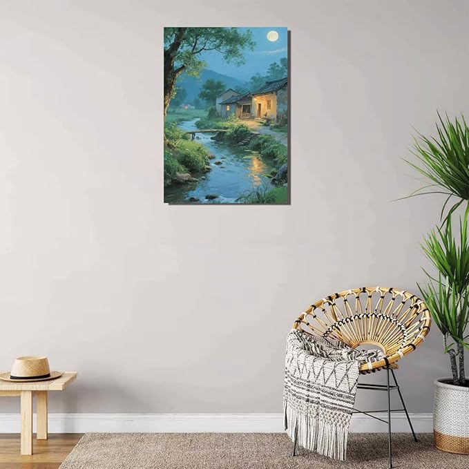 Moonlight under the big tree creek cabin scenery is suitable for posting in the living room bedroom office scenery poster wall painting-Ruum Studio Home