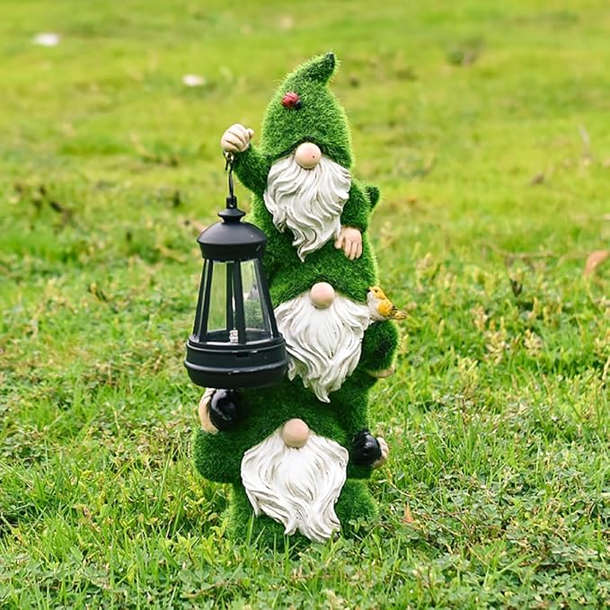 Solar Garden Three Gnome Statue Stacked Flocked with LED Light, Outdoor Waterproof Lawn Ornament Decor for Patio Lawn Yard Pathway Gift Idea for Women Mom Mothers Day-Ruum Studio Home