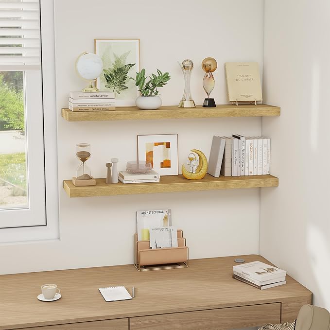 Floating Shelves Wall Shelf 40 Inch, 8 Inch Deep Floating Shelf for Wall, Farmhouse Black Wood Shelves Invisible Bracket for Living Room, Bedroom, Kitchen, 40 x 8 x 1.4 Inch, Set of 2, Oak Color-Ruum Studio Home