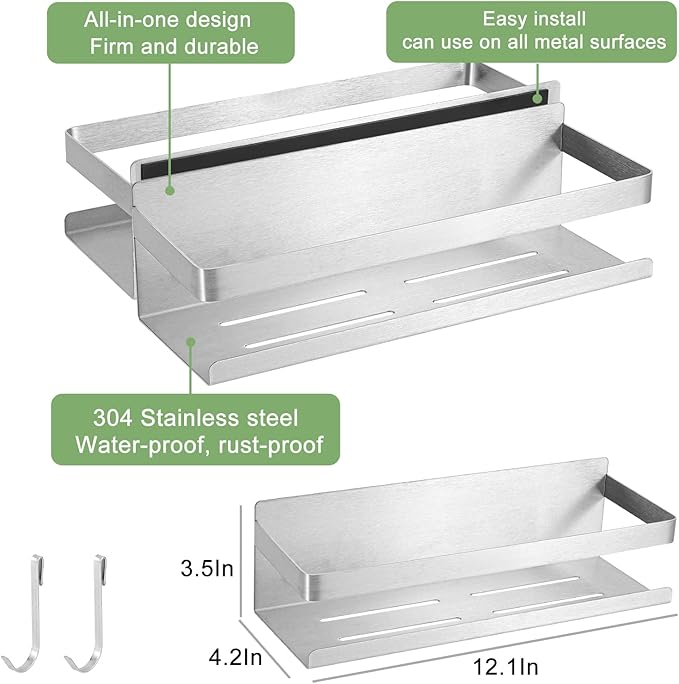 Magnetic Spice Rack for Refrigerator Spice Organizer, Strong Magnetic Shelf with 2 Removable Hooks Space Saver for Refrigerator and Microwave Oven, Metal Fridge Shelf(1 pack Silver)-Ruum Studio Home