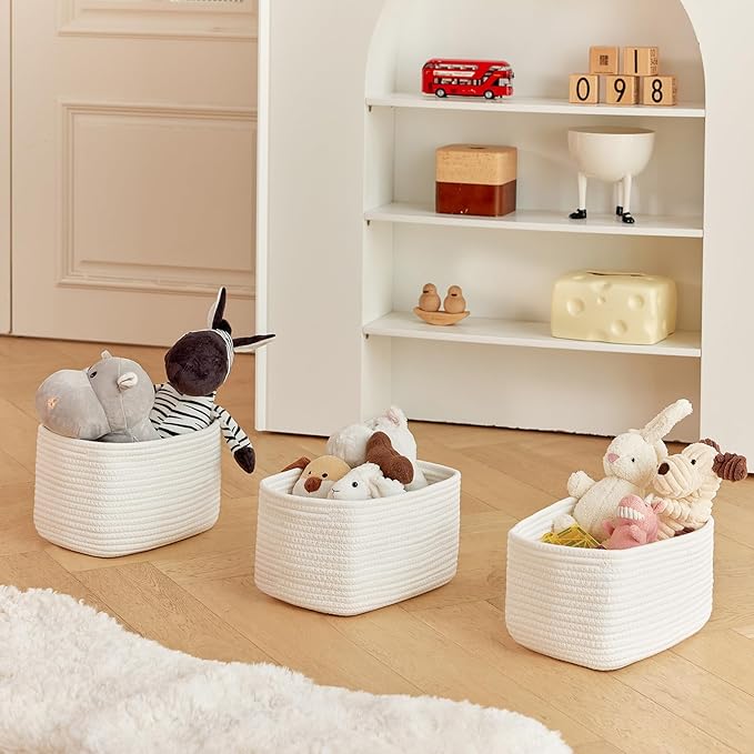 Small Cotton Rope Storage Basket Set of 3-11"x7"x7" Perfect Woven Baskets for Storage, Ideal Storage Baskets for Organizing Toys, Towels, and More - Baskets for Shelves and Home Decor（White）-Ruum Studio Home