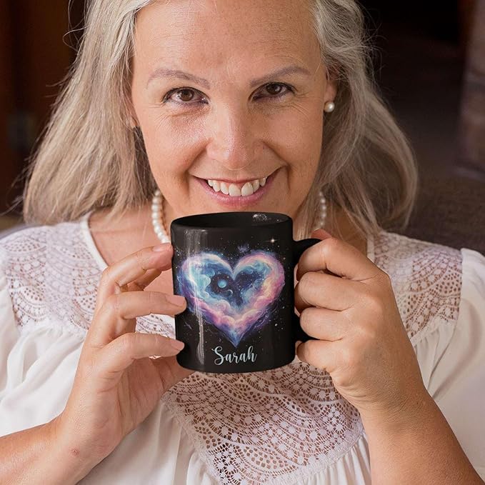 Personalized Love Heart Ceramic Mug, Custom Name Black Cup 11oz Or 15oz, Customized Celestial Themed Coffee Mug, Valentine's Day Themed Keepsake Cup, Gift For Him Her, Heart Mug-Ruum Studio Home
