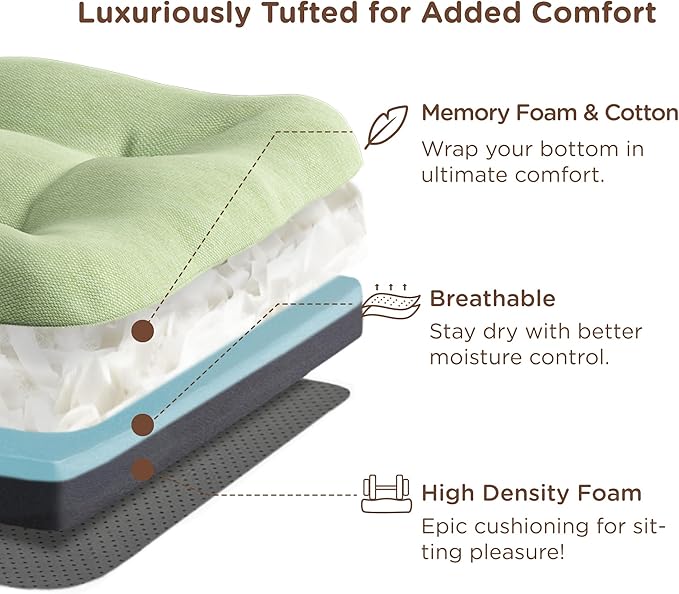 Codi Dining Chair Cushions 4 Pack, Thick Chairs Pads for Indoor Kitchen Room - Washable, Non-Slip Memory Foam Seat Cushion with Ties, 16.5"x16.5"x 3.5", Set of 4, Sage-Ruum Studio Home